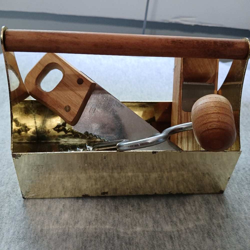 Vintage MCM Distressed Polished Brass and Wood Mini Tool Box Bar Set